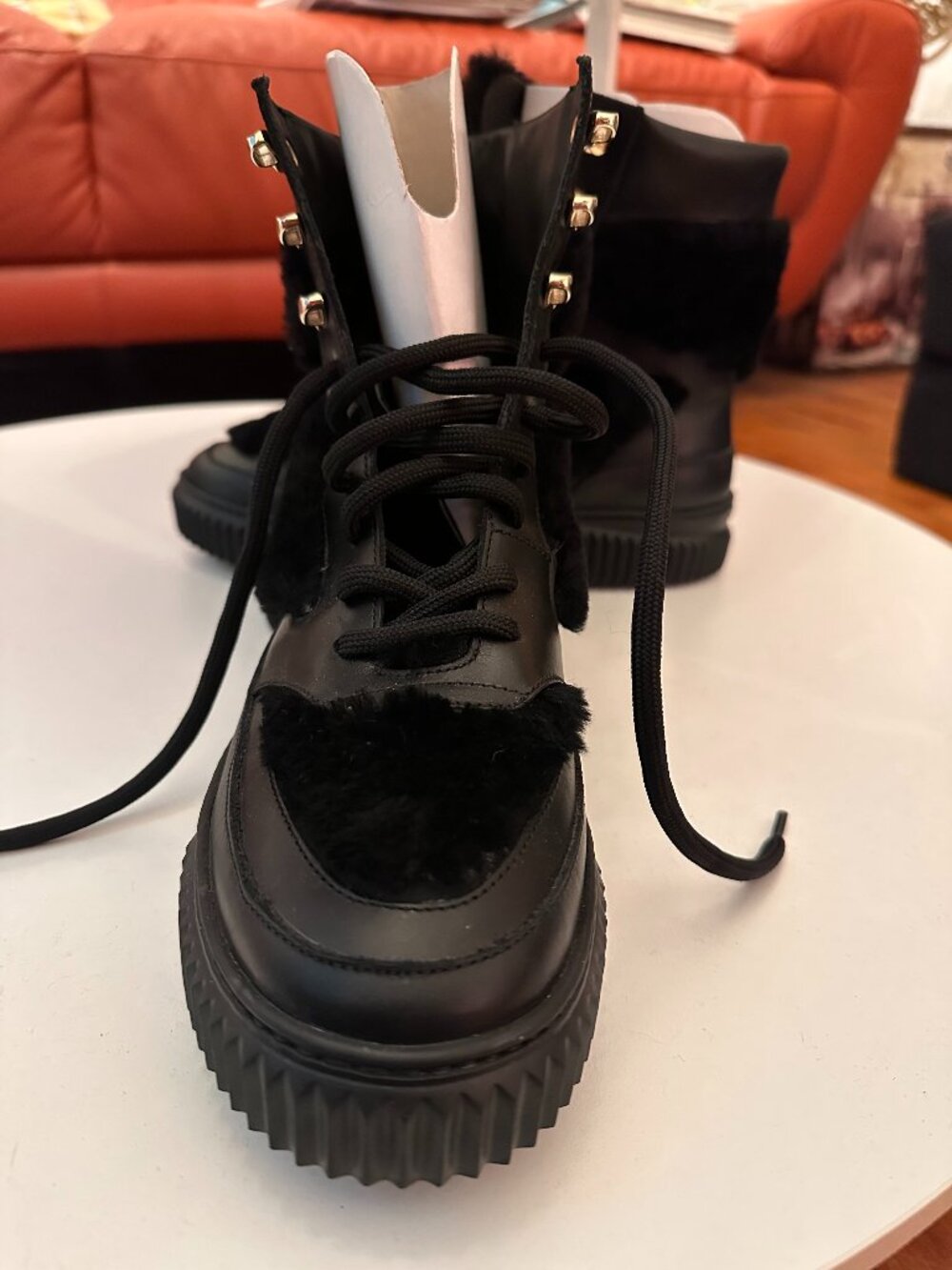 NWOT - Voile Blanche Black Leather Fur-Lined Lace-Up Platform Booties - Size 39